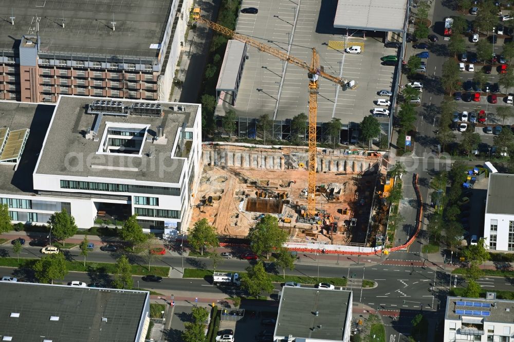 Aerial image Erlangen - Construction site to build a new office and commercial building Siemens Healthineers on Allee am Roethelheimpark in Erlangen in the state Bavaria, Germany