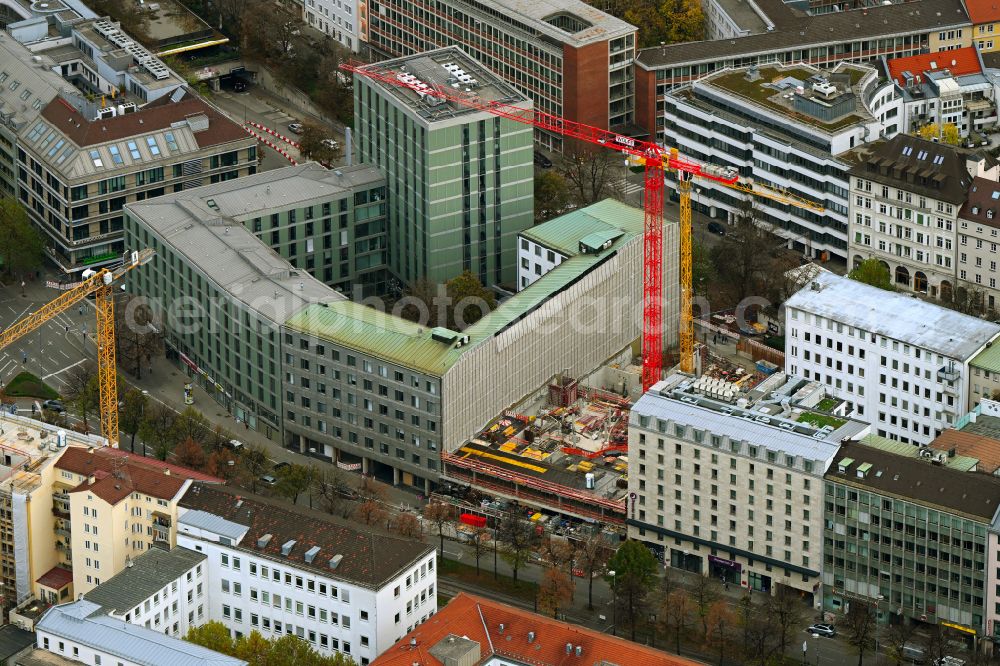 München from above - Construction site to build a new office and commercial building on Sonnenstrasse in the district Ludwigsvorstadt-Isarvorstadt in Munich in the state Bavaria, Germany