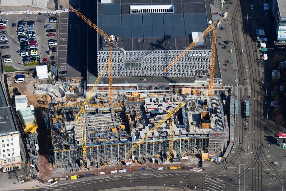 Aerial image Magdeburg - Construction site to build a new office and commercial building of Staedtischen factorye Magdeburg on Ernst-Reuter-Allee corner Breiter Weg in the district Altstadt in Magdeburg in the state Saxony-Anhalt, Germany