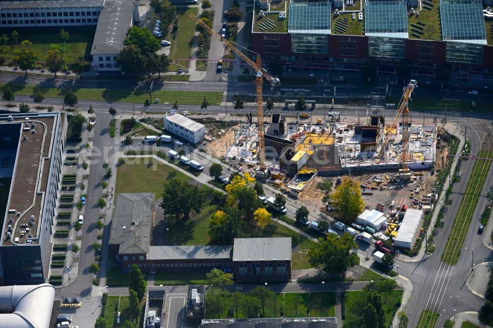 Berlin from above - Construction site to build a new office and commercial building Steinbeis-Haus in Areal Carl-Scheele-Strasse - Max-Born-Strasse - Rudower Chaussee in the district Adlershof in Berlin, Germany