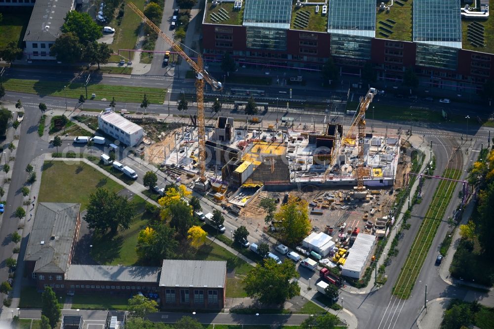 Berlin from the bird's eye view: Construction site to build a new office and commercial building Steinbeis-Haus in Areal Carl-Scheele-Strasse - Max-Born-Strasse - Rudower Chaussee in the district Adlershof in Berlin, Germany