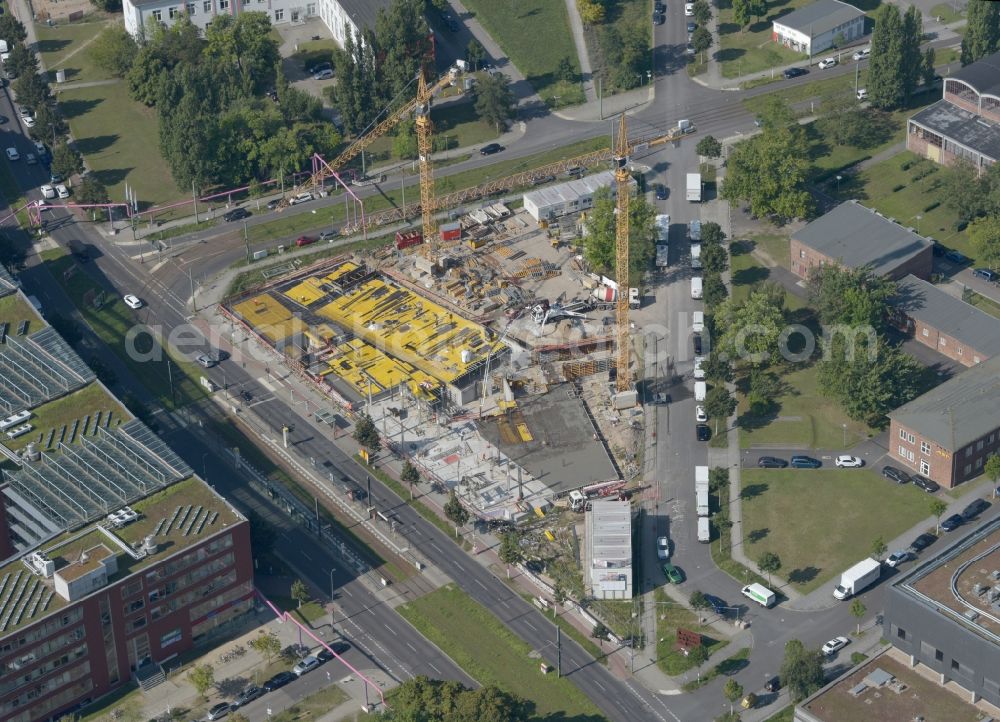 Berlin from above - Construction site to build a new office and commercial building Steinbeis-Haus in Areal Carl-Scheele-Strasse - Max-Born-Strasse - Rudower Chaussee in the district Adlershof in Berlin, Germany