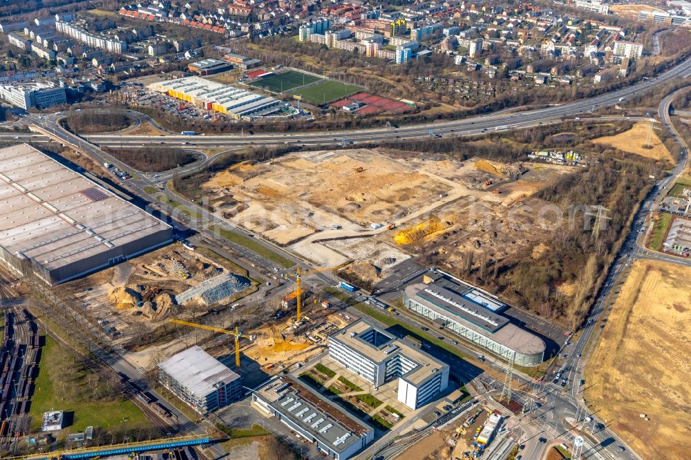 Düsseldorf from the bird's eye view: Construction site to build a new office and commercial building THEO105 of Grundstuecksgesellschaft HOBERG & DRIESCH mbH on Theodorstrasse in Duesseldorf in the state North Rhine-Westphalia, Germany