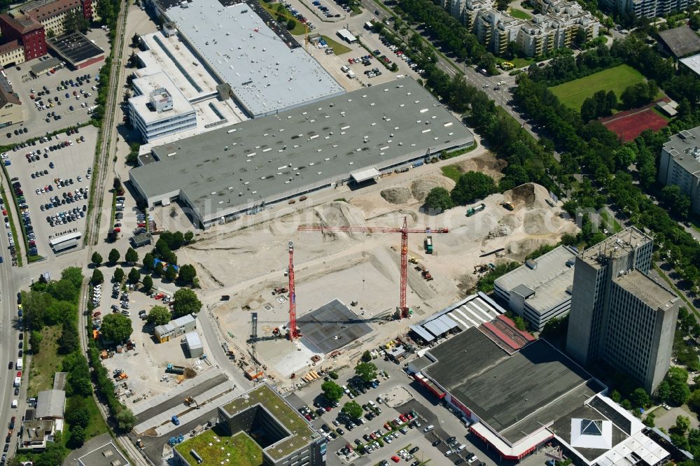 Augsburg from the bird's eye view: Construction site to build a new office and commercial building TONI Park on Werner-von-Siemens-Strasse in Augsburg in the state Bavaria, Germany