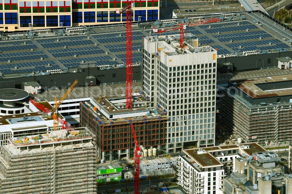 Frankfurt am Main from the bird's eye view: Construction site to build a new office and commercial building DB Tower on Europa-Allee in the district Gallus in Frankfurt in the state Hesse, Germany