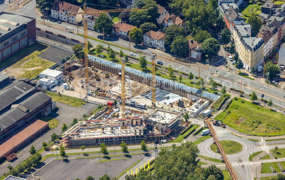 Bochum from the bird's eye view: Construction site to build a new office and commercial building TRIUM - An of Jahrhunderthalle in Bochum at Ruhrgebiet in the state North Rhine-Westphalia, Germany