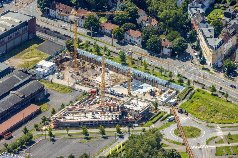 Aerial image Bochum - Construction site to build a new office and commercial building TRIUM - An of Jahrhunderthalle in Bochum at Ruhrgebiet in the state North Rhine-Westphalia, Germany