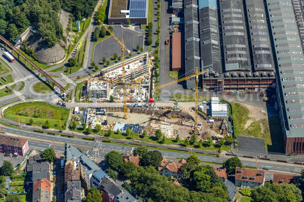 Aerial photograph Bochum - Construction site to build a new office and commercial building TRIUM - An of Jahrhunderthalle in Bochum at Ruhrgebiet in the state North Rhine-Westphalia, Germany