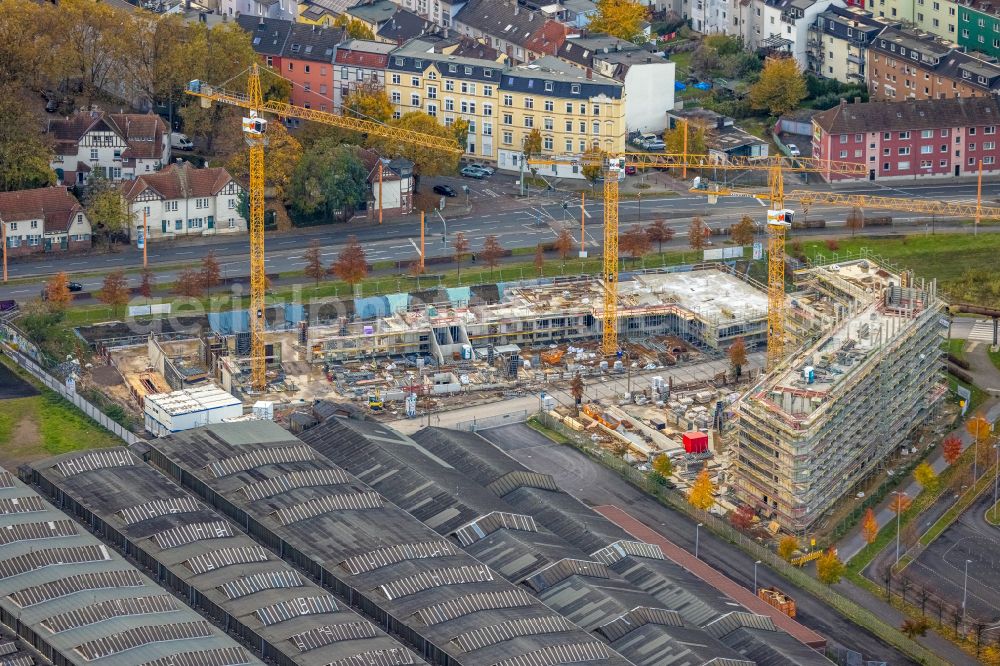 Aerial photograph Bochum - Construction site to build a new office and commercial building TRIUM - An of Jahrhunderthalle in Bochum at Ruhrgebiet in the state North Rhine-Westphalia, Germany