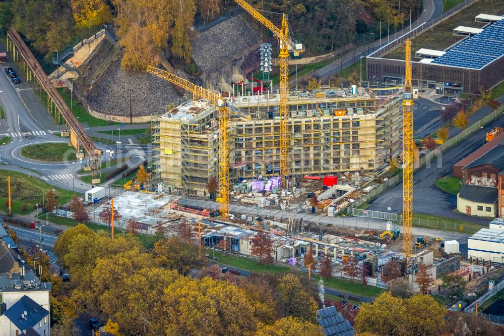 Bochum from the bird's eye view: Construction site to build a new office and commercial building TRIUM - An of Jahrhunderthalle in Bochum at Ruhrgebiet in the state North Rhine-Westphalia, Germany