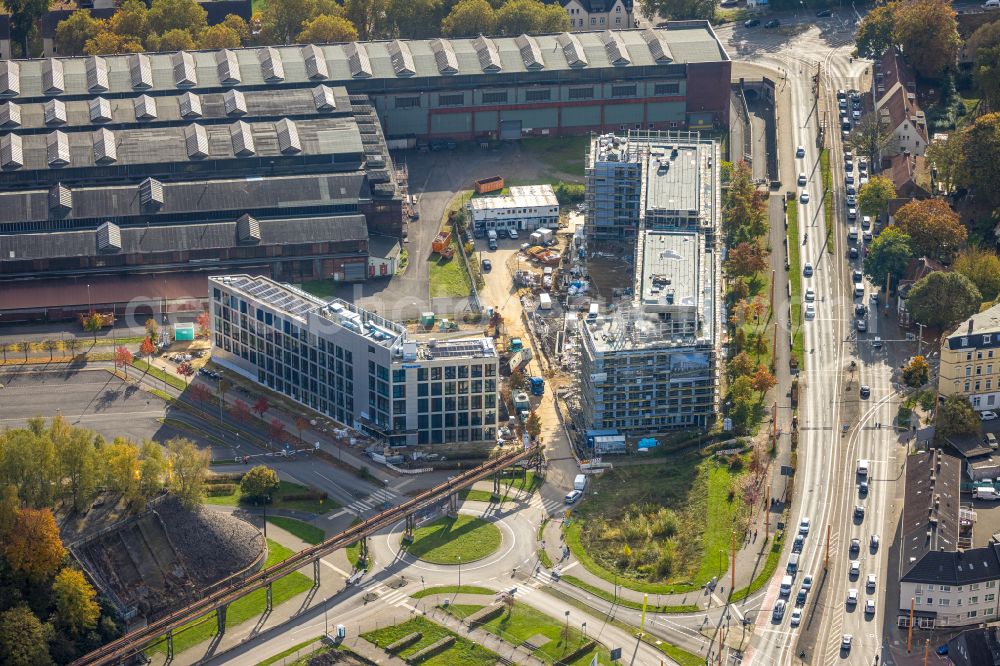 Aerial photograph Bochum - Construction site to build a new office and commercial building TRIUM - An of Jahrhunderthalle in Bochum at Ruhrgebiet in the state North Rhine-Westphalia, Germany