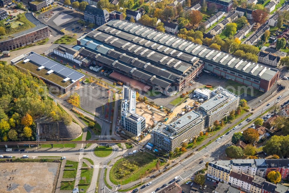 Bochum from the bird's eye view: Construction site to build a new office and commercial building TRIUM - An of Jahrhunderthalle in Bochum at Ruhrgebiet in the state North Rhine-Westphalia, Germany