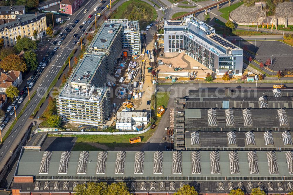 Aerial image Bochum - Construction site to build a new office and commercial building TRIUM - An of Jahrhunderthalle in Bochum at Ruhrgebiet in the state North Rhine-Westphalia, Germany