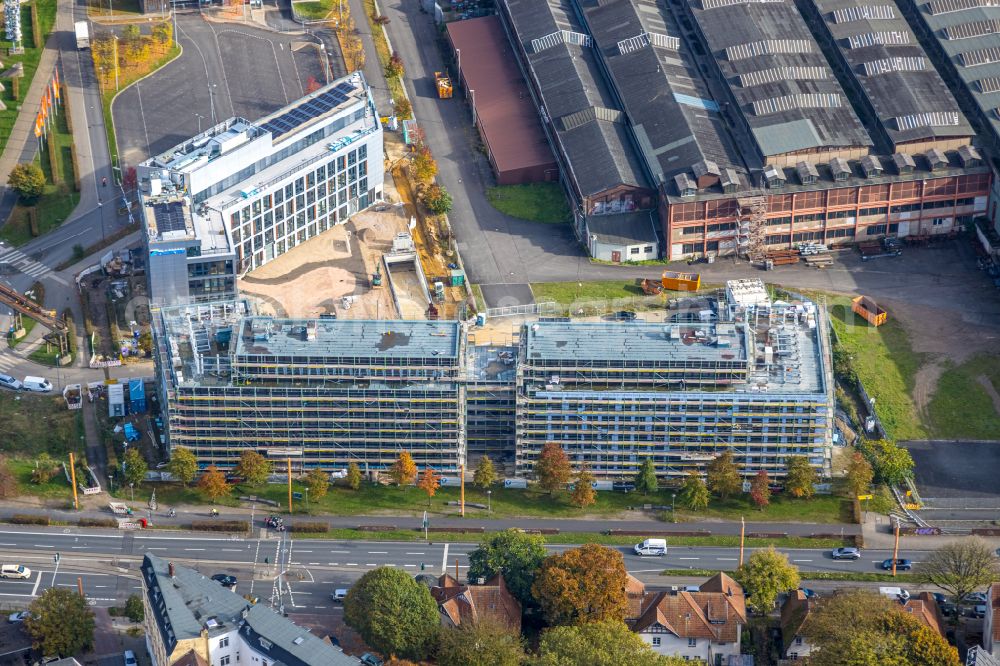 Aerial photograph Bochum - Construction site to build a new office and commercial building TRIUM - An of Jahrhunderthalle in Bochum at Ruhrgebiet in the state North Rhine-Westphalia, Germany