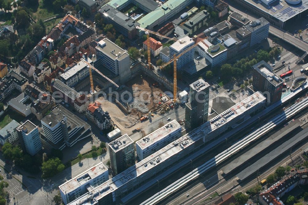 Aerial image Freiburg im Breisgau - Construction site to build a new office and commercial building of Volksbank Freiburg and the assembly hall of St. Ursula grammar school on Bismarckallee - Eisenbahnstrasse in Freiburg im Breisgau in the state Baden-Wurttemberg, Germany