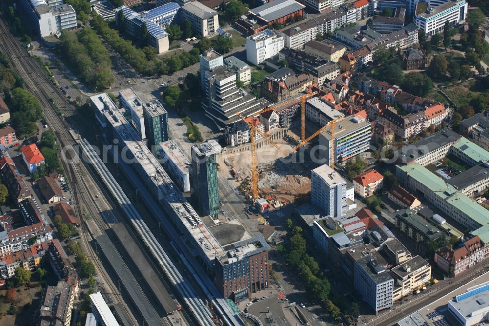 Freiburg im Breisgau from above - Construction site to build a new office and commercial building of Volksbank Freiburg and the assembly hall of St. Ursula grammar school on Bismarckallee - Eisenbahnstrasse in Freiburg im Breisgau in the state Baden-Wurttemberg, Germany