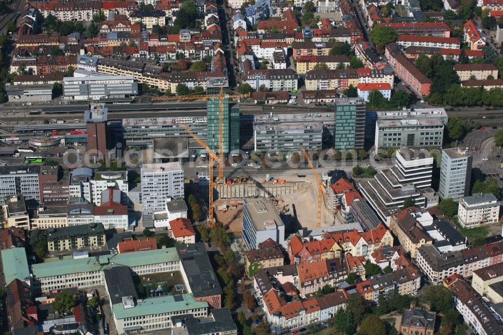 Aerial image Freiburg im Breisgau - Construction site to build a new office and commercial building of Volksbank Freiburg and the assembly hall of St. Ursula grammar school on Bismarckallee - Eisenbahnstrasse in Freiburg im Breisgau in the state Baden-Wurttemberg, Germany