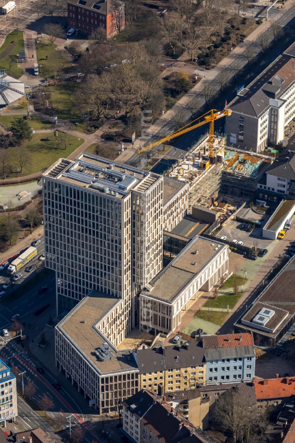 Aerial photograph Dortmund - Construction site to build a new office and commercial building of VOLKSWOHL BUND SACHVERSICHERUNG AG on Suedwall in Dortmund in the state North Rhine-Westphalia, Germany