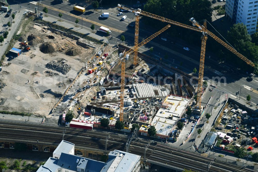 Berlin from above - Construction site to build a new office and commercial building VoltAir on Voltairestrasse - Dircksenstrasse - Alexanderstrasse in the district Mitte in Berlin, Germany