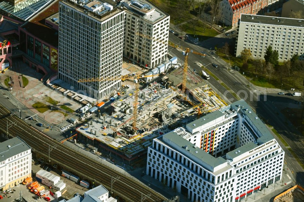 Berlin from above - Construction site to build a new office and commercial building VoltAir on Voltairestrasse - Dircksenstrasse - Alexanderstrasse overlooking the Grandaire in the district Mitte in Berlin, Germany