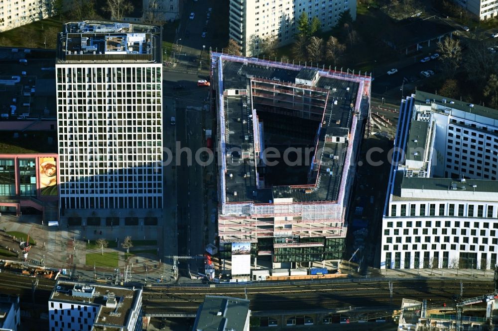 Berlin from above - Construction site to build a new office and commercial building VoltAir on Voltairestrasse - Dircksenstrasse - Alexanderstrasse overlooking the Grandaire in the district Mitte in Berlin, Germany