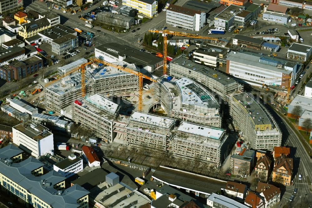 Stuttgart from the bird's eye view: Construction site for the new construction of an office-building ensemble for a Campus Purchasing and Logistics on street Leobener Strasse in the district Feuerbach in Stuttgart in the state Baden-Wurttemberg, Germany