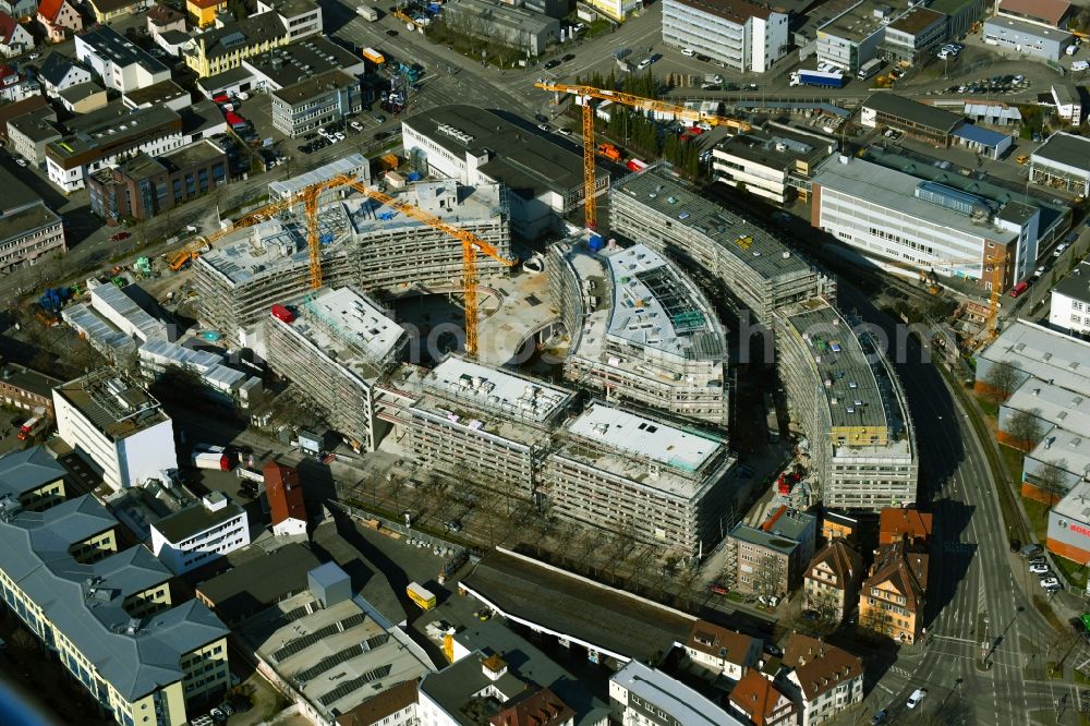 Aerial image Stuttgart - Construction site for the new construction of an office-building ensemble for a Campus Purchasing and Logistics on street Leobener Strasse in the district Feuerbach in Stuttgart in the state Baden-Wurttemberg, Germany