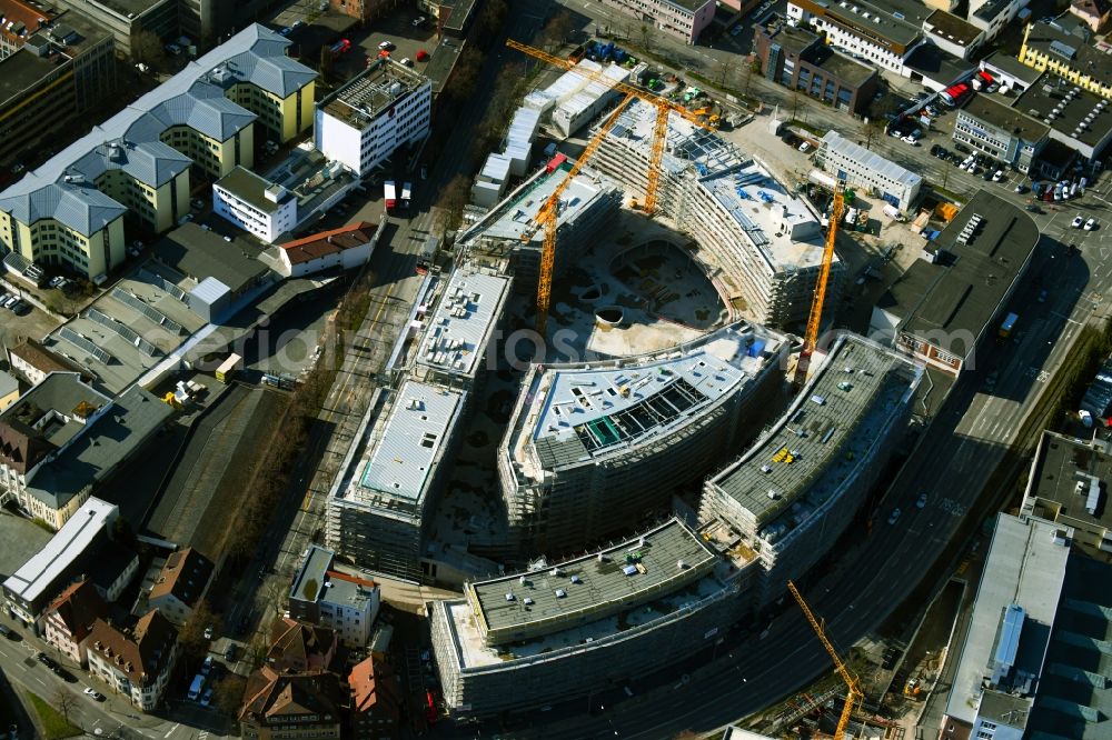 Stuttgart from above - Construction site for the new construction of an office-building ensemble for a Campus Purchasing and Logistics on street Leobener Strasse in the district Feuerbach in Stuttgart in the state Baden-Wurttemberg, Germany