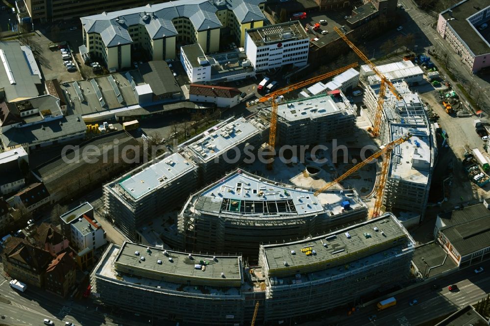 Aerial photograph Stuttgart - Construction site for the new construction of an office-building ensemble for a Campus Purchasing and Logistics on street Leobener Strasse in the district Feuerbach in Stuttgart in the state Baden-Wurttemberg, Germany