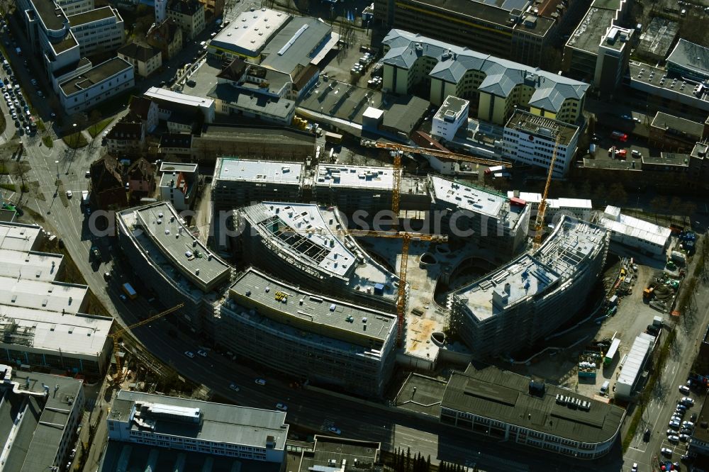 Stuttgart from above - Construction site for the new construction of an office-building ensemble for a Campus Purchasing and Logistics on street Leobener Strasse in the district Feuerbach in Stuttgart in the state Baden-Wurttemberg, Germany