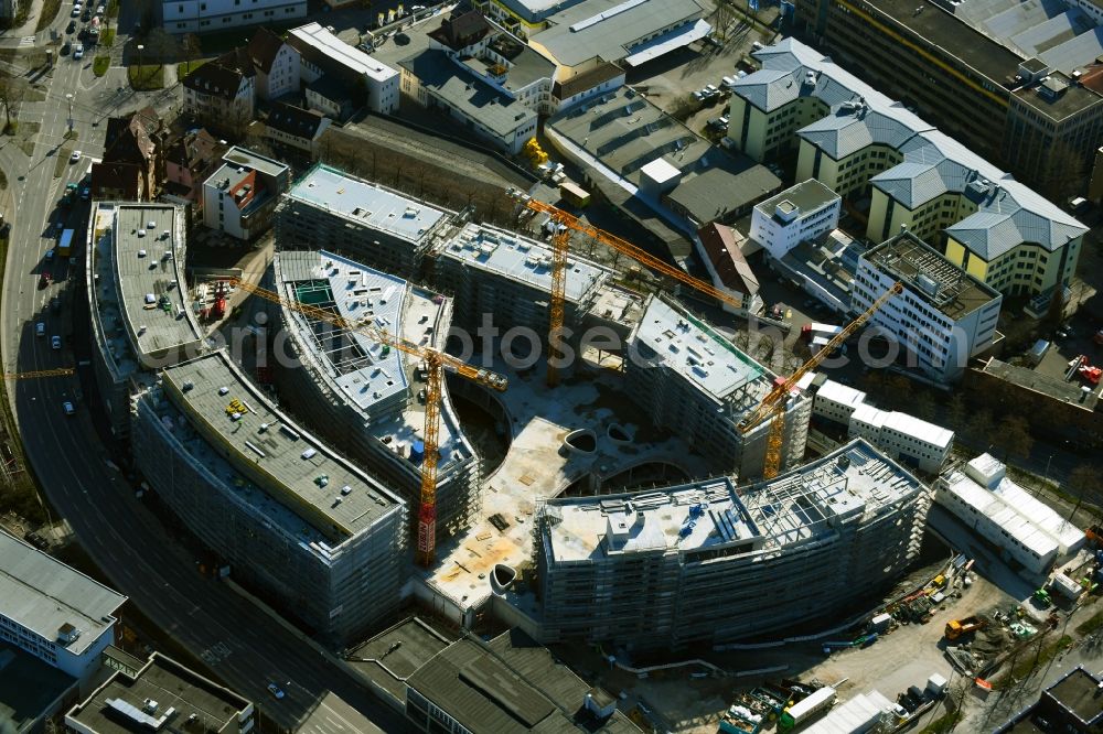 Stuttgart from the bird's eye view: Construction site for the new construction of an office-building ensemble for a Campus Purchasing and Logistics on street Leobener Strasse in the district Feuerbach in Stuttgart in the state Baden-Wurttemberg, Germany