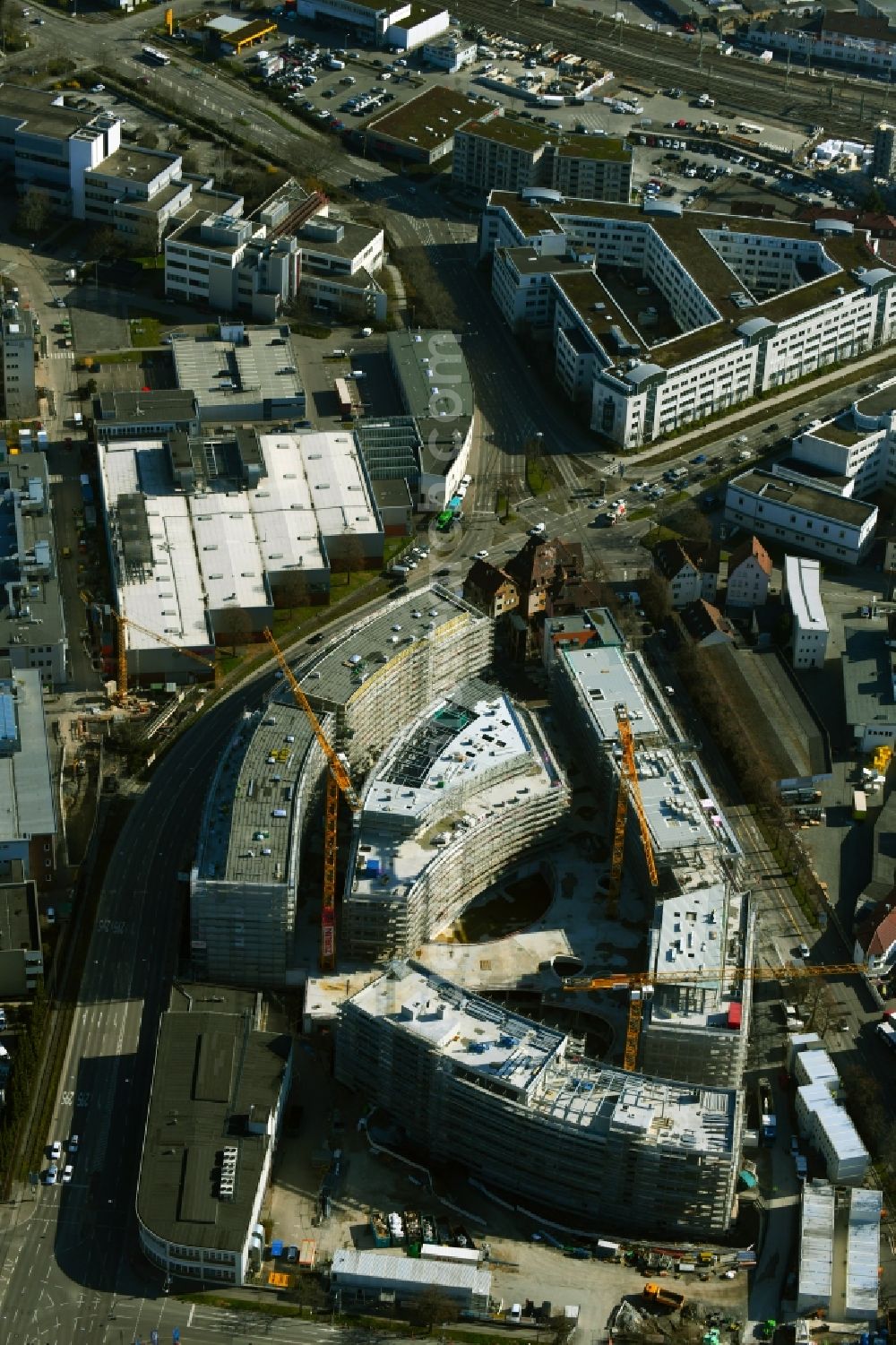 Stuttgart from above - Construction site for the new construction of an office-building ensemble for a Campus Purchasing and Logistics on street Leobener Strasse in the district Feuerbach in Stuttgart in the state Baden-Wurttemberg, Germany