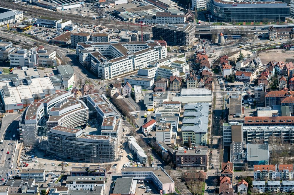 Stuttgart from above - Construction site for the new construction of an office-building ensemble for a Campus Purchasing and Logistics on street Leobener Strasse in the district Feuerbach in Stuttgart in the state Baden-Wurttemberg, Germany