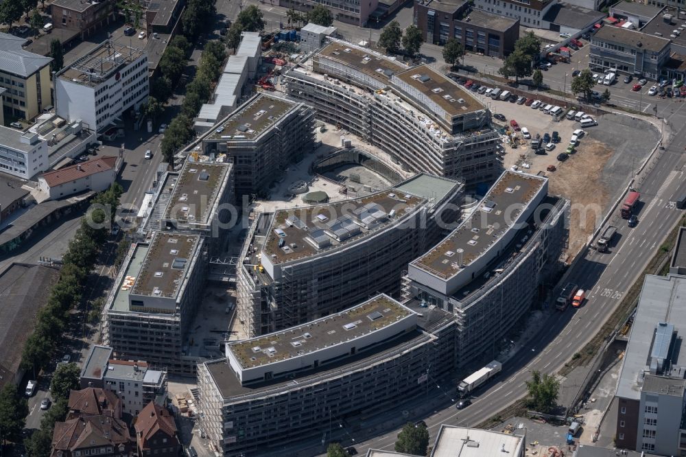 Stuttgart from above - Construction site for the new construction of an office-building ensemble for a Campus Purchasing and Logistics on street Leobener Strasse in the district Feuerbach in Stuttgart in the state Baden-Wurttemberg, Germany