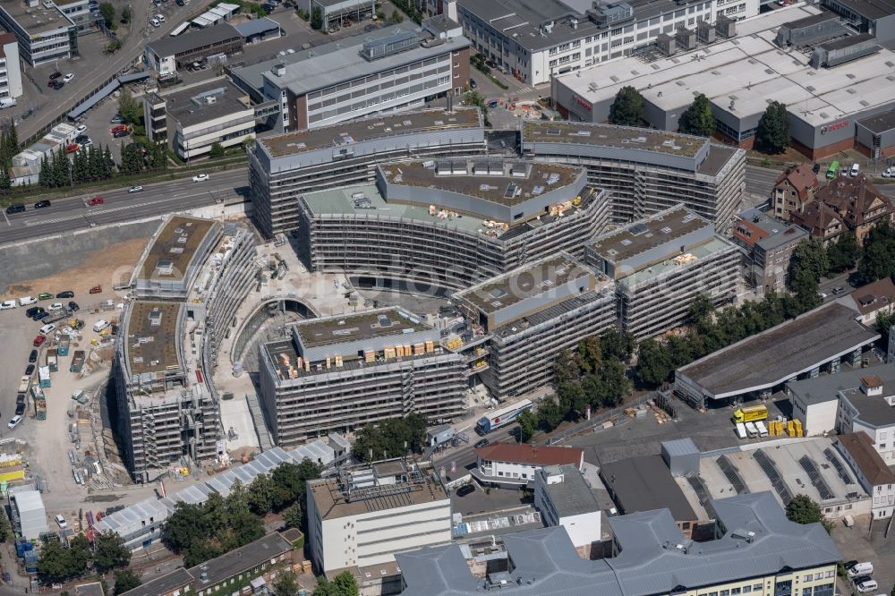 Aerial image Stuttgart - Construction site for the new construction of an office-building ensemble for a Campus Purchasing and Logistics on street Leobener Strasse in the district Feuerbach in Stuttgart in the state Baden-Wurttemberg, Germany