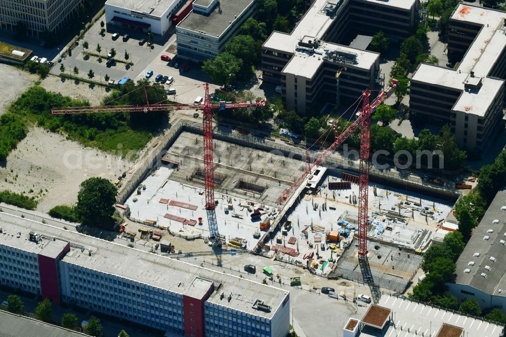 München from the bird's eye view: Construction site office building on street Weimarer Strasse - Domagkstrasse in the district Freimann in Munich in the state Bavaria, Germany