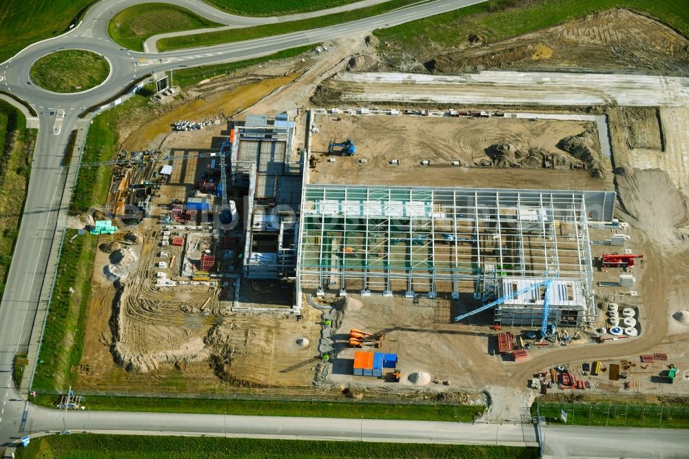 Aerial image Heppenheim (Bergstraße) - Construction site for the construction of an office and commercial building for the new company headquarters and customer center of WILHELM SCHAeFER GMBH on Lise-Meitner-Strasse in Heppenheim (Bergstrasse) in the state of Hesse, Germany