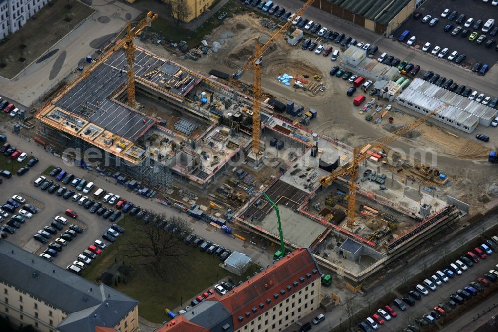 Aerial image Potsdam - The state of Brandenburg builds public-Wolfgang Gerbere partnership with the Strabag Real Estate GmbH in the grounds of Government House at the Henning-von-Tresckow-Allee in Potsdam a new office complex. General contractor is the Zueblin AG. After completion are here, the Ministry of Labour, Social Affairs, Women and Family and the Ministry for the Environment, Health and Consumer Protection move