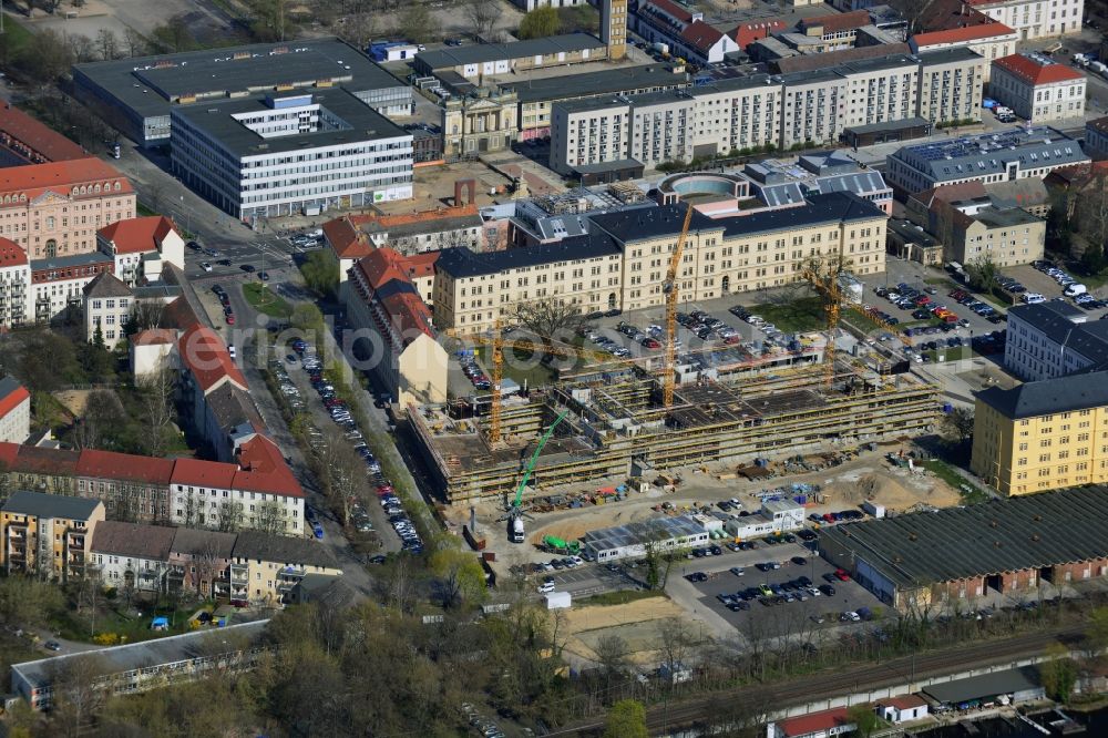 Aerial photograph Potsdam - The state of Brandenburg builds public-Wolfgang Gerbere partnership with the Strabag Real Estate GmbH in the grounds of Government House at the Henning-von-Tresckow-Allee in Potsdam a new office complex. General contractor is the Zueblin AG. After completion are here, the Ministry of Labour, Social Affairs, Women and Family and the Ministry for the Environment, Health and Consumer Protection move