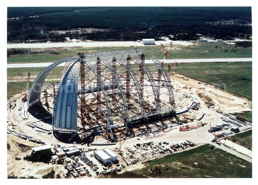 Krausnick from above - Construction site for the new construction of the Cargolifterhalle as an airship hangar in Krausnick in the state Brandenburg, Germany