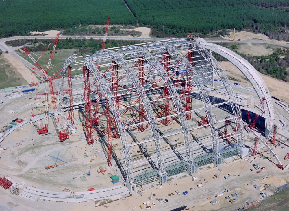 Aerial image Krausnick - Construction site for the new construction of the Cargolifterhalle as an airship hangar in Krausnick in the state Brandenburg, Germany