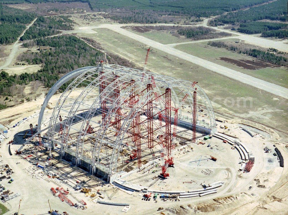 Krausnick from above - Construction site for the new construction of the Cargolifterhalle as an airship hangar in Krausnick in the state Brandenburg, Germany