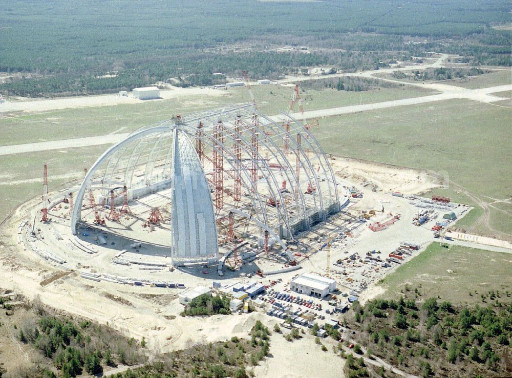 Krausnick from above - Construction site for the new construction of the Cargolifterhalle as an airship hangar in Krausnick in the state Brandenburg, Germany