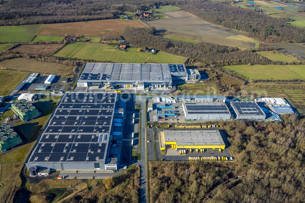 Norddinker from the bird's eye view: Building complex on the site of the logistics center and Distribution Park on Trianelstrasse in Uentrop in the Ruhr area in the state of North Rhine-Westphalia, Germany