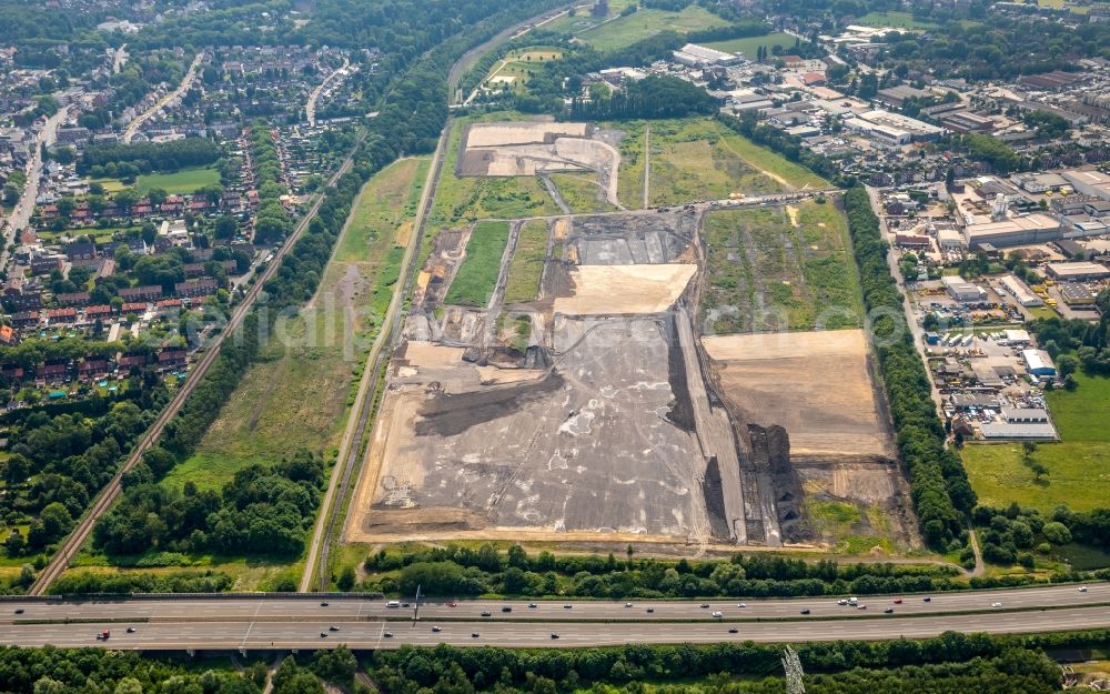 Oberhausen from the bird's eye view: Construction site for a warehouse and forwarding building of Edeka-Zentrallager on Waldteichstrasse in Gewerbegebiet Weierheide in Oberhausen in the state North Rhine-Westphalia, Germany