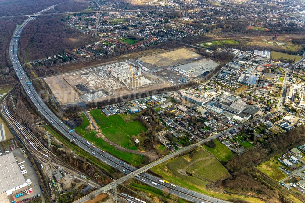 Aerial image Oberhausen - Construction site for a warehouse and forwarding building of Edeka-Zentrallager on Waldteichstrasse in Gewerbegebiet Weierheide in Oberhausen in the state North Rhine-Westphalia, Germany