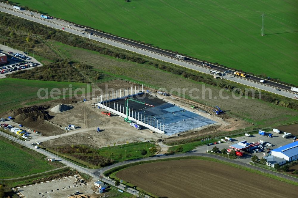 Magdeburg from the bird's eye view: Construction site for a warehouse and forwarding building EGLO on Stegelitzer Strasse in the district Gewerbegebiet Nord in Magdeburg in the state Saxony-Anhalt, Germany