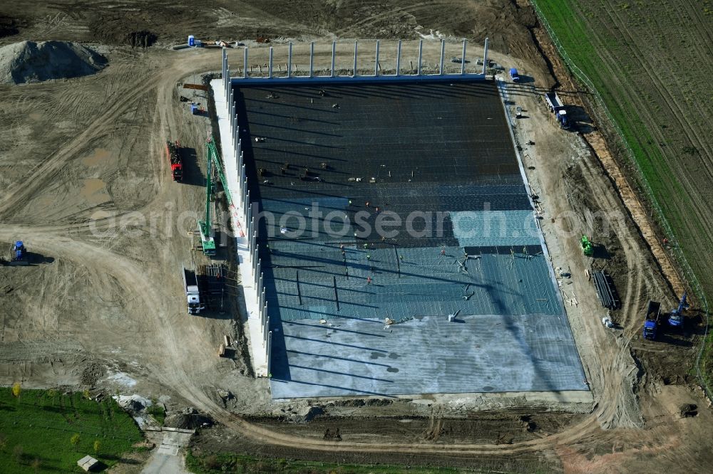 Magdeburg from the bird's eye view: Construction site for a warehouse and forwarding building EGLO on Stegelitzer Strasse in the district Gewerbegebiet Nord in Magdeburg in the state Saxony-Anhalt, Germany