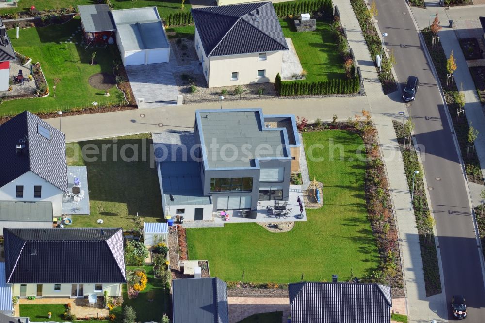 Magdeburg from above - View at the new built single family house settlement Am Birnengarten in the district Ottersleben in Magdeburg in the federal state Saxony-Anhalt. Responsible for the developement is the MAWOG Grundstücks GmbH