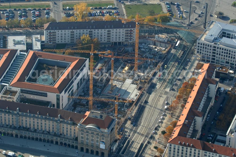 Aerial photograph Dresden - Construction site Building of the shopping center Altmarkt Galerie der ECE Projektmanagement GmbH in Dresden in the state Saxony